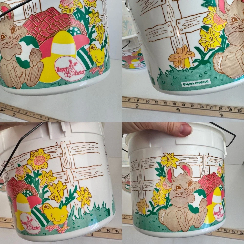 2 Vtg Round Plastic Happy Easter Basket Ice Cream Bucket Myrle's Original No Lid